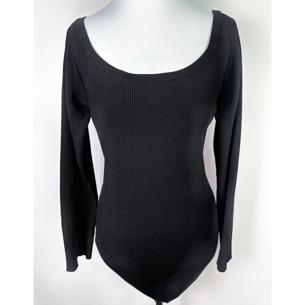 Good American Black Ribbed Long Sleeve Thong Bodysuit Size 7 - Picture 1 of 9